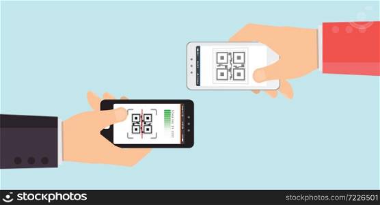 Two hand holding mobile phone to scanning QR code,Electronic scan digital technology flat design Vector illustration.