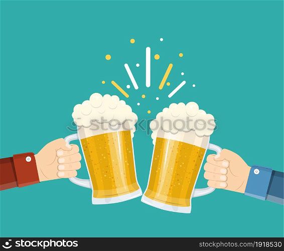 Two hands holding beer glasses. Concept of Beer Festival. vector illustration in flat style. Two hands holding beer glasses.