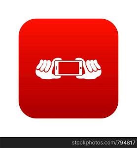 Two hands holding mobile phone icon digital red for any design isolated on white vector illustration. Two hands holding mobile phone icon digital red