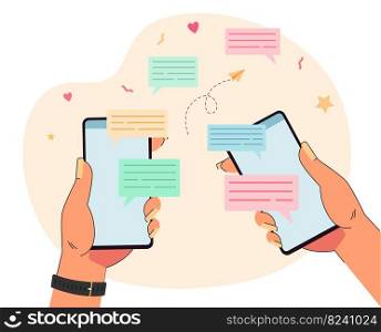 Two hands holding phones with messages in speech bubbles. People chatting through mobile app flat vector illustration. Communication, network, social media concept for banner or landing web page