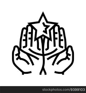two hands holding star line icon vector. two hands holding star sign. isolated contour symbol black illustration. two hands holding star line icon vector illustration