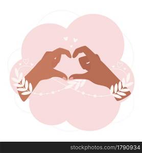 Two hands making a heart with fingers. An abstract infinity shape leafy sprout entwines their arms. In love concept illustration.
