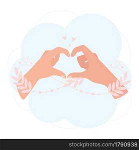 Two hands making a heart with fingers. An abstract infinity shape leafy sprout entwines their arms. In love concept illustration.