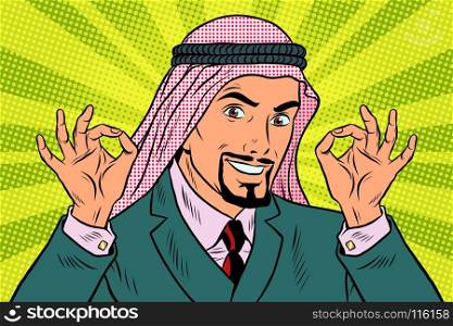 Two hands OK gesture, the Arab businessman. Pop art retro vector illustration. Two hands OK gesture, the Arab businessman