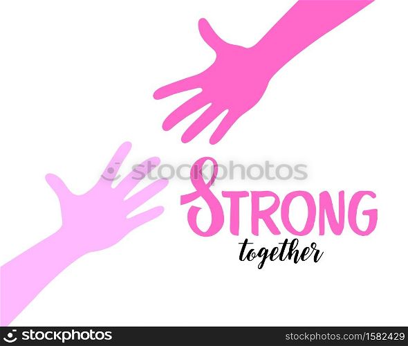 Two hands reaching to each other. Helping hand. Breast cancer awareness month. Strong together concept.