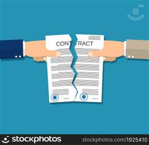 Two hands torn in half contract document. Contract termination concept. Vector illustration in flat design. Two hands torn in half contract document.