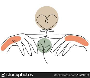 Two hands touching fingers and a flower in the form of a heart line art. Contour drawing of human hands, concept. Reach for the heart, love. Vector illustration.. Two hands touching fingers and a flower in the form of a heart line art.