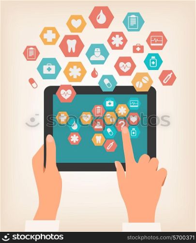 Two hands touching screen of a tablet with medical icons. Vector.