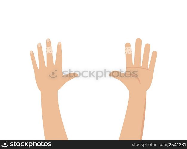 Two hands with a wound finger and adhesive bandage. Vector illustration