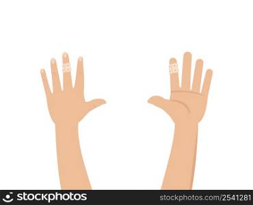 Two hands with a wound finger and adhesive bandage. Vector illustration