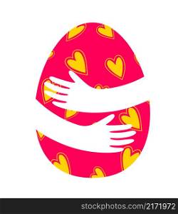 Two hands with Easter egg. Happy Easter day concept. Vector illustration.