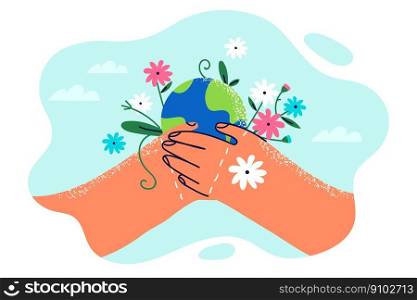Two hands with planet earth and flowers symbolize environmental activism and care for nature. Globe in hands of volunteers as metaphor for fight against environmental pollution and CO2 emissions. Two hands with planet earth and flowers symbolize environmental activism and care for nature