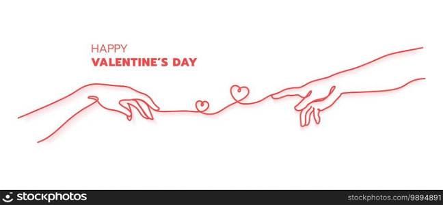 Two hands with red thread destiny concept.Creation of Adam hand drawn. Happy Valentine’s day minimal style.Continuouse line art.