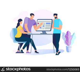 Two Handsome Men Stand at Table with Computer Explain Information to Sitting Girl. Teamwork. Young People Work or Study Together, Prepare for Exams, Skills Improvement Cartoon Flat Vector Illustration. Two Men Stand at PC Explain Information to Girl.