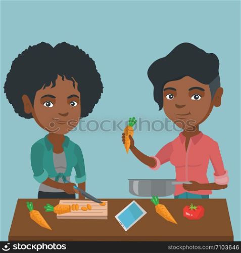Two happy african-american women having fun while cooking healthy meal together. Young smiling women preparing healthy vegetable meal together. Vector cartoon illustration. Square layout.. African woman cooking healthy vegetable meal.