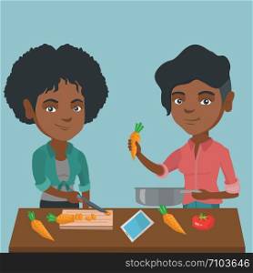 Two happy african-american women having fun while cooking healthy meal together. Young smiling women preparing healthy vegetable meal together. Vector cartoon illustration. Square layout.. African woman cooking healthy vegetable meal.