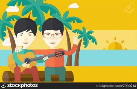 Two happy asian men sitting on a log playing a guitar at the beach under palm trees vector flat design illustration. Horizontal layout with a text space.. Men playing guitar.