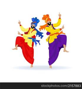 Two happy bearded Sikh men in turbans, colorful clothes, dancing traditional bhangra dance on Indian festival Lohri, party. Cartoon flat illustration on white background for banner, poster, card