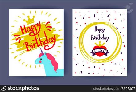 Two happy birthday, princess vector illustrations isolated on white backdrop, lot of confetti, yellow abstract circle, unicorn head, cute golden crown. Two Happy Birthday, Princess Vector Illustrations