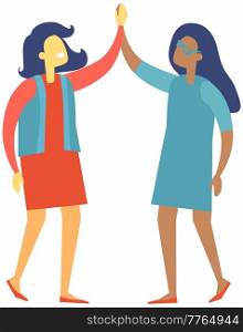 Two happy businesswomen shaking hands in agreement. High five business people isolated on white. Partners came to agreement and completed deal with handshake. Girlfriends make hand gesture on meeting. Two happy businesswomen shaking hands in agreement. High five business people isolated on white