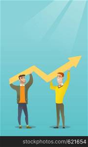 Two happy caucasain businessmen holding business growth graph. Successful business people carrying graph indicating growth. Business growth concept. Vector flat design illustration. Vertical layout.. Two businessmen holding growth graph.