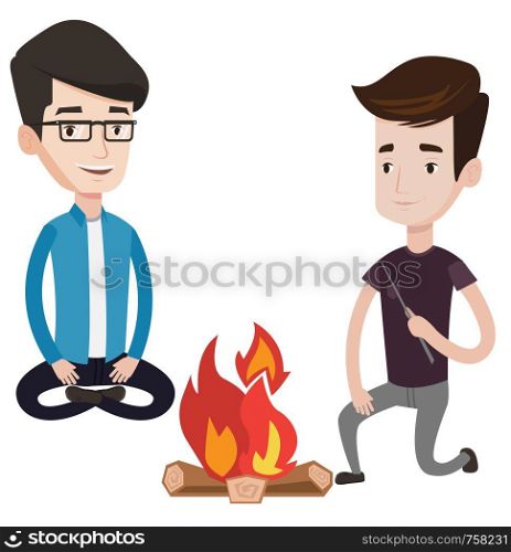 Two happy caucasian friends sitting around bonfire. Group of young friends having fun near campfire. Tourists relaxing near campfire. Vector flat design illustration isolated on white background.. Two friends sitting around bonfire.