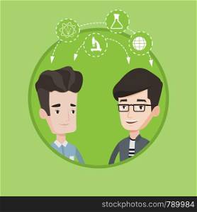 Two happy caucasian students sharing with the ideas. Young smiling students brainstorming. Concept of brainstorming in education. Vector flat design illustration in the circle isolated on background.. Students sharing with the ideas.
