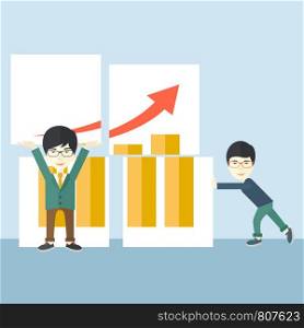 Two happy chinese businessmen are both successful in business that shows in the graph. Business growth concept. A Contemporary style with pastel palette, soft blue tinted background. Vector flat design illustration. Square layout.. Two successful chinese guys