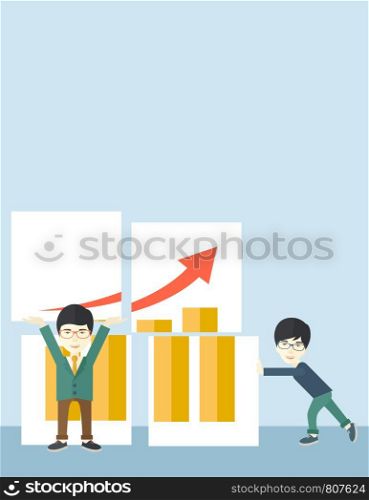 Two happy chinese businessmen are both successful in business that shows in the graph. Business growth concept. A Contemporary style with pastel palette, soft blue tinted background. Vector flat design illustratiions. Vertical layout with text space on top part. Two successful chinese guys