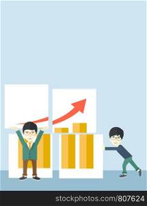 Two happy chinese businessmen are both successful in business that shows in the graph. Business growth concept. A Contemporary style with pastel palette, soft blue tinted background. Vector flat design illustratiions. Vertical layout with text space on top part. Two successful chinese guys