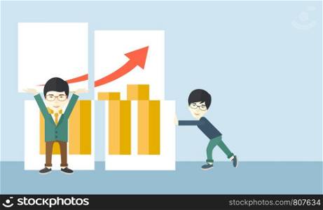 Two happy chinese businessmen are both successful in business that shows in the graph. Business growth concept. A Contemporary style with pastel palette, soft blue tinted background. Vector flat design illustration. Horizontal layout with text space in right side.. Two successful chinese guys