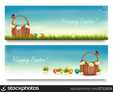 Two Happy Easter banners with easter eggs in a basket. Vector.