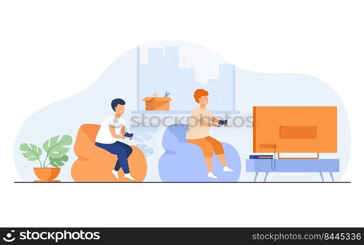 Two happy excited teen kids sitting on sofa at TV with gamepads and playing videogame. Vector illustration with cartoon characters for playing games, young gamers, children leisure time concept