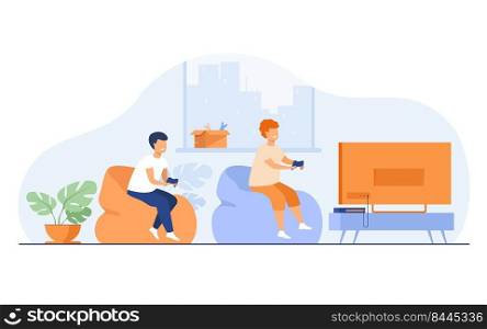Two happy excited teen kids sitting on sofa at TV with gamepads and playing videogame. Vector illustration with cartoon characters for playing games, young gamers, children leisure time concept