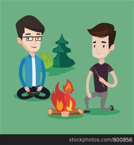 Two happy friends sitting around bonfire. Group of young friends having fun in camping. Tourists relaxing near campfire. Concept of travel and tourism. Vector flat design illustration. Square layout.. Two friends sitting around bonfire in camping.