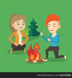 Two happy friends sitting around bonfire. Group of young friends having fun in camping. Tourists relaxing near campfire. Concept of travel and tourism. Vector flat design illustration. Square layout.. Two friends sitting around bonfire in camping.