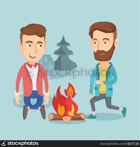 Two happy friends sitting around bonfire. Group of young friends resting in camping. Tourists relaxing near campfire. Concept of travel and tourism. Vector flat design illustration. Square layout.. Two friends sitting around bonfire in camping.