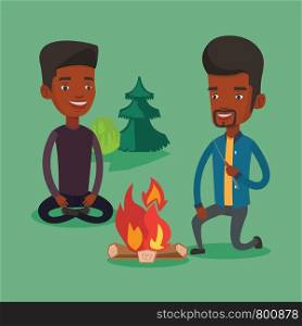 Two happy friends sitting around campfire. Group of young friends having fun in camping. Tourists relaxing near campfire. Concept of travel and tourism. Vector flat design illustration. Square layout.. Two friends sitting around bonfire in camping.