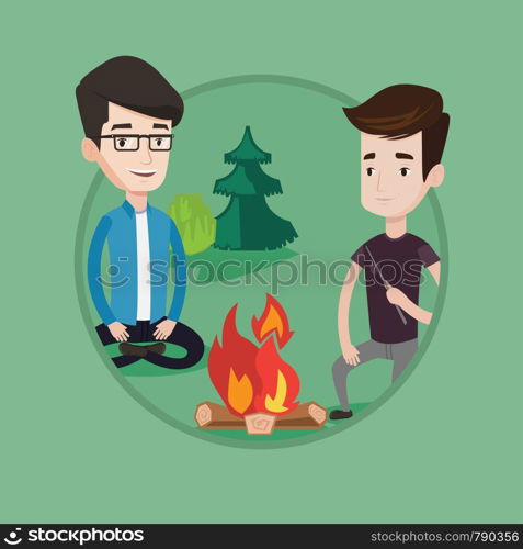 Two happy friends sitting around campfire. Group of young friends having fun near campfire. Tourists relaxing near campfire. Vector flat design illustration in the circle isolated on background.. Two friends sitting around bonfire in camping.
