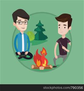Two happy friends sitting around campfire. Group of young friends having fun near campfire. Tourists relaxing near campfire. Vector flat design illustration in the circle isolated on background.. Two friends sitting around bonfire in camping.