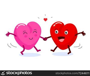Two happy heart character in love. Cute couple dancing together. Happy Valentine&rsquo;s day, vector illustration isolated on white background