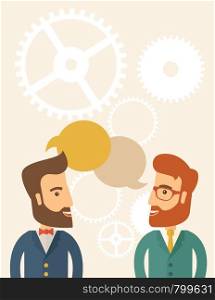 Two happy hipster Caucasian men with beard facing each other wearing jacket sharing and gathering ideas with bubble text on the top of their heads. Team building concept. A contemporary style with pastel palette, beige tinted background. Vector flat design illustration. Vertical layout with text space on top part.. Two professional young men