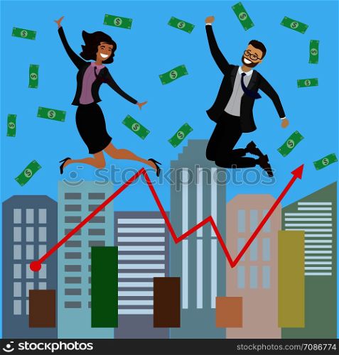 Two happy jumping business people,growing graph,city on background,cartoon vector illustration. Two happy jumping business people