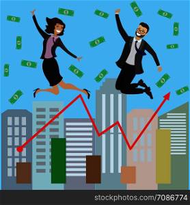 Two happy jumping business people,growing graph,city on background,cartoon vector illustration. Two happy jumping business people