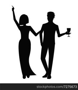 Two happy lovers black silhouettes icons. Man has glass of wine and woman holds his hand. Vector illustration with people isolated on white background. Happy Couple on Party Icon Vector Illustration