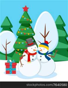 Two happy snowmen stand in snowy winter forest. Alive unreal characters from snowballs. Holiday decoration like garland on fir tree and present box. Vector illustration of personages made of snow. Snowmen in Winter Snowy Forest, Holiday Decor