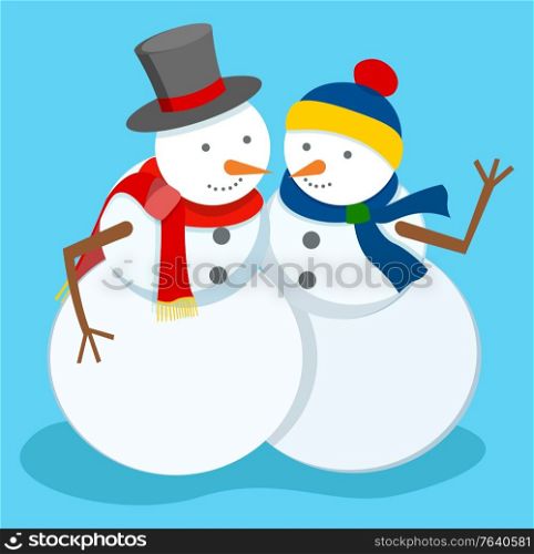 Two happy snowmen together on blue background. Unreal characters from snowballs and dressed in hats and scarfs. Carrot nose located on face, head snow ball. Holiday outside decoration, vector in flat. Snowmen Outside Dressed in Hat and Scarf, Holiday