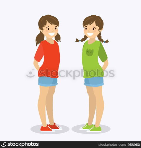 Two happy teen girls,twins with different hair style,cute female child characters isolated on white background,flat vector illustration