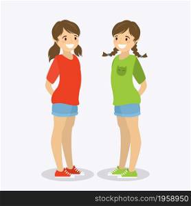 Two happy teen girls,twins with different hair style,cute female child characters isolated on white background,flat vector illustration