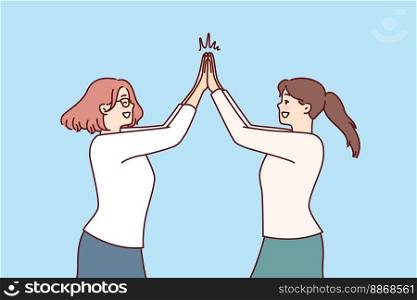 Two happy women rejoice high five greet each other after long-awaited meeting. Positive girls in casual clothes are happy to know about next vacation and joint summer trip. Flat vector illustration . Two happy women rejoice high five greet each other after long-awaited meeting. Vector image